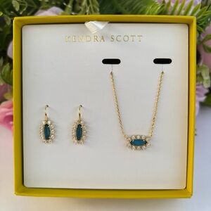 NIB Kendra Scott Emma Framed Earrings and Pendant Necklace Gift Set in gold blue